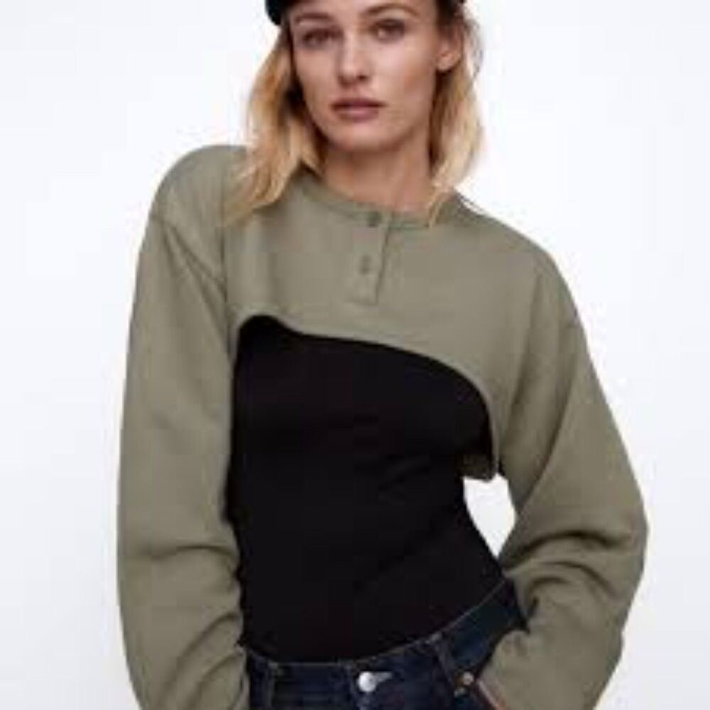 Zara Crop Sweatshirt Olive Khaki Green XS Long Sleeves Pullover Arm Warmer